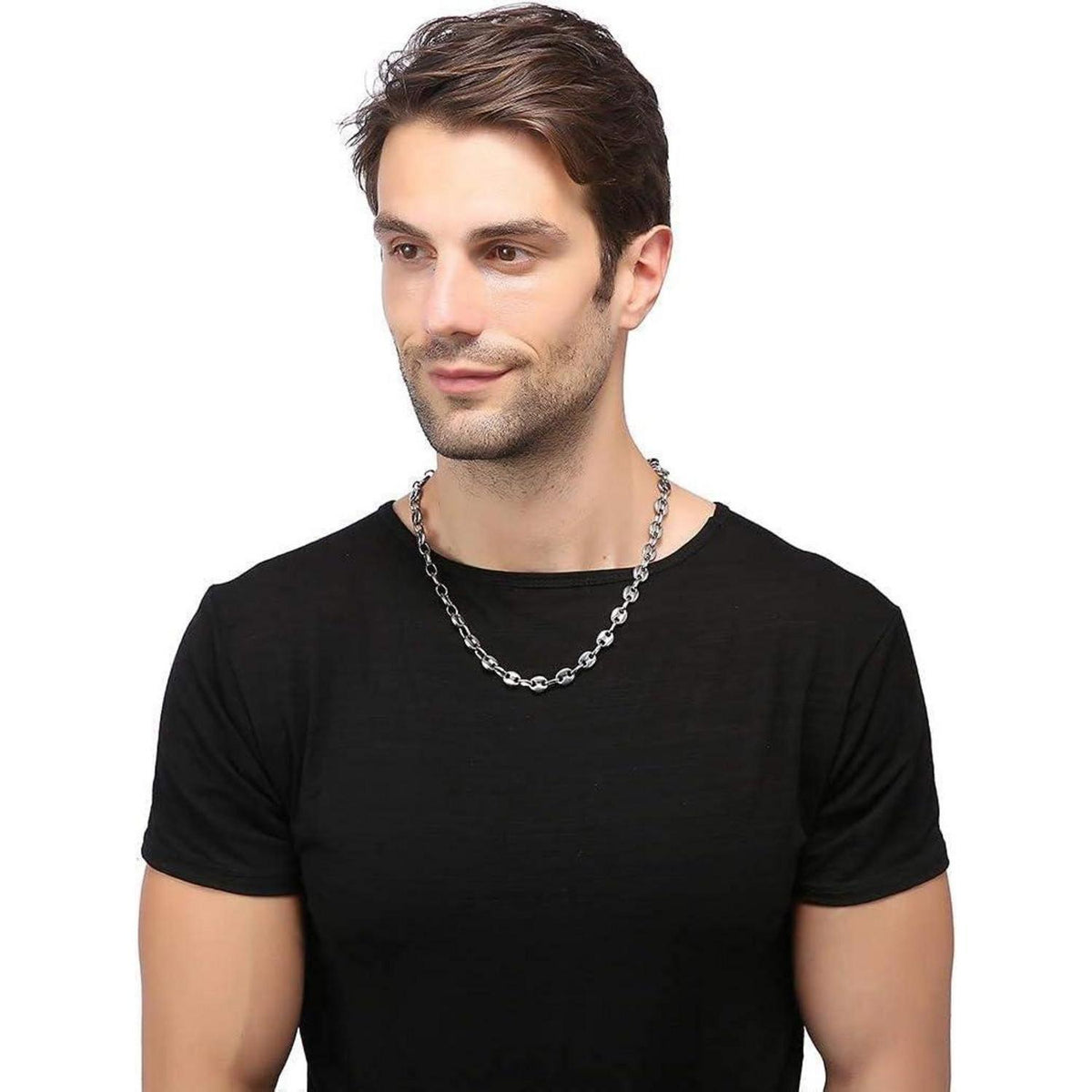 Herren Kaffeebohnen Kette & Armband Set Edelstahl 6mm Silber 51cm
