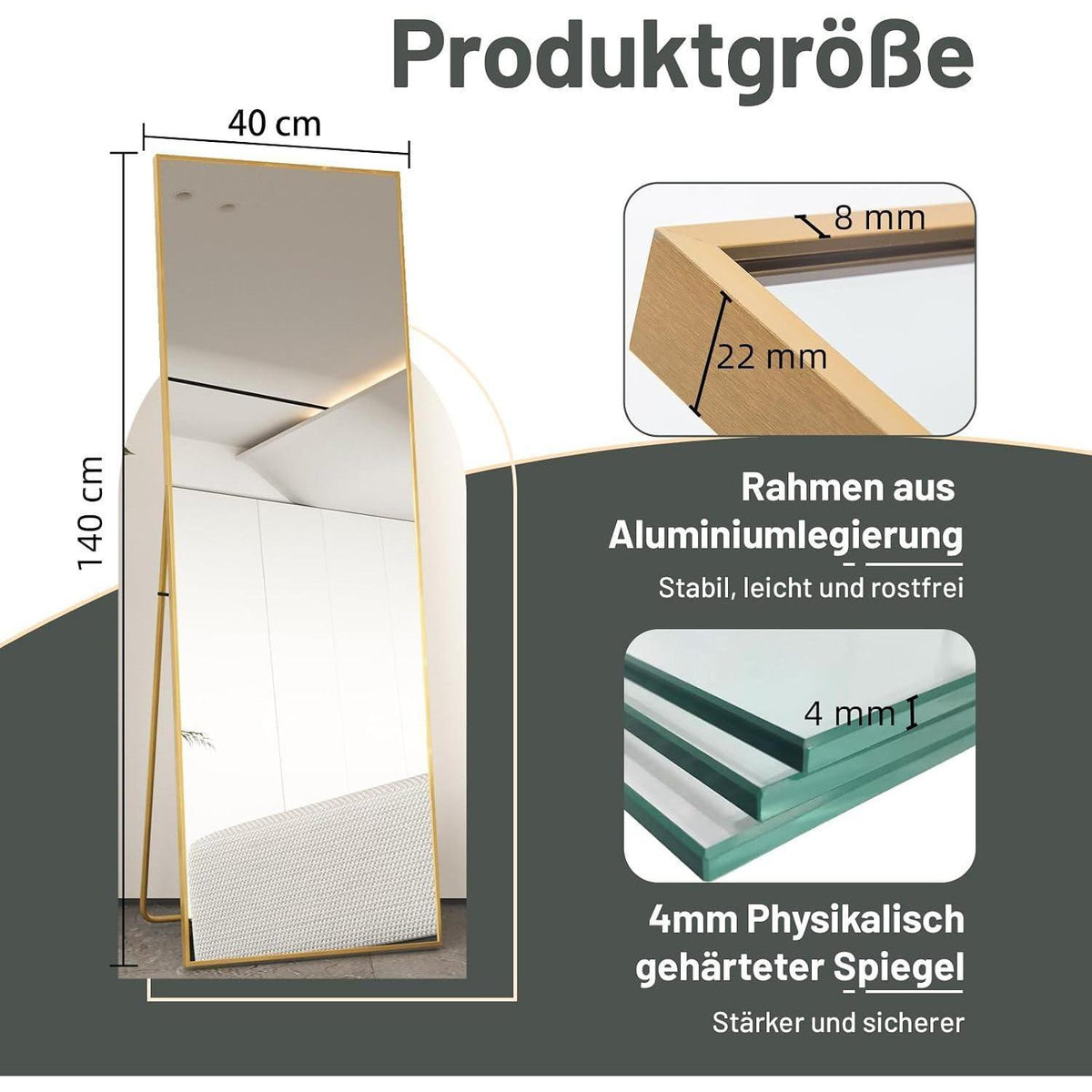 Ganzkörperspiegel Standspiegel Gold 140x40cm | Lehnend & Wandmontage