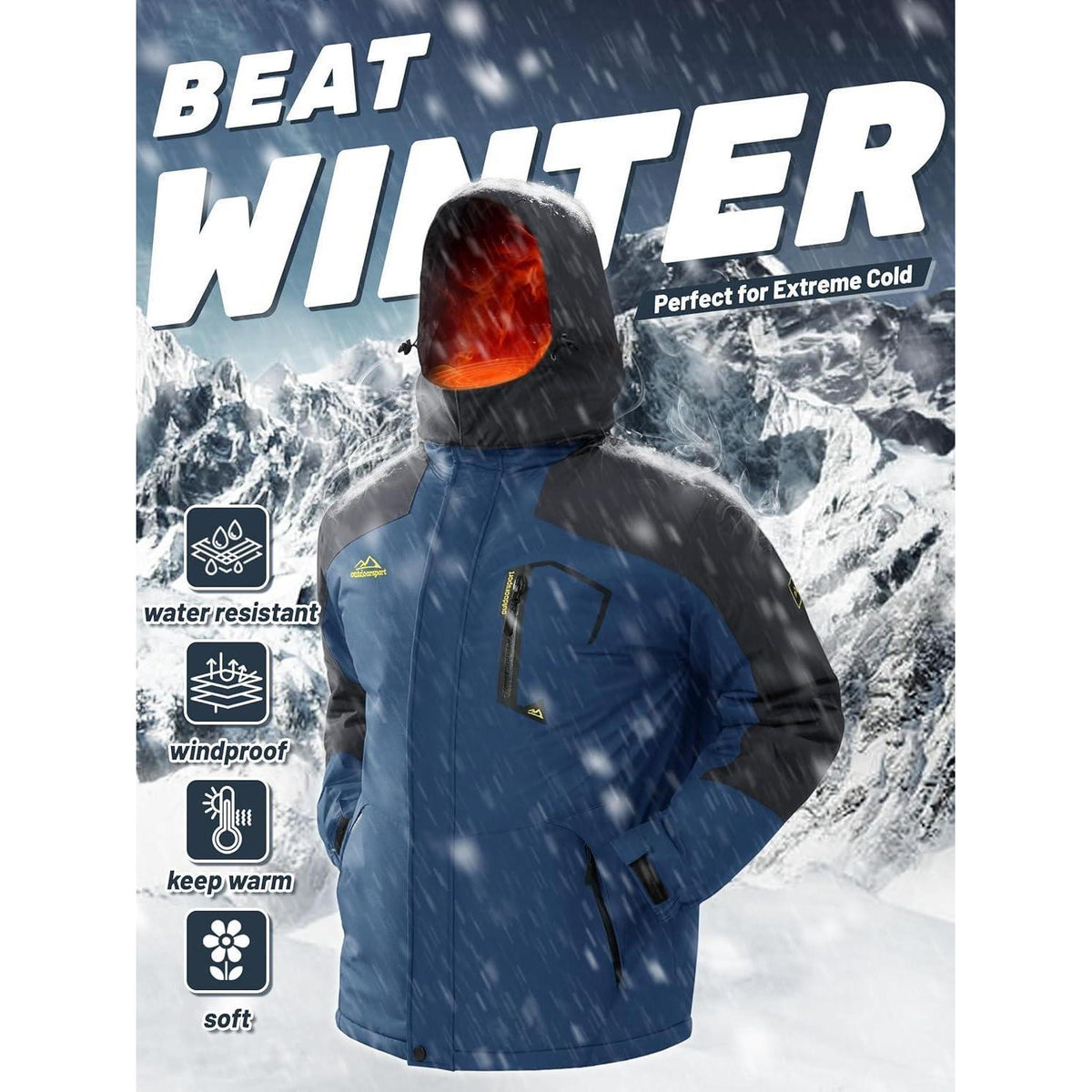 Herren Winterjacke wasserdicht warm gefüttert mit Kapuze Denim Blau