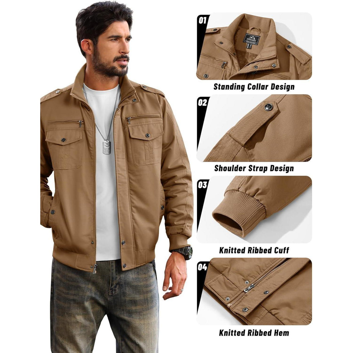 Herren Winterjacke Warm Fleece Übergangsjacke Militärstil Khaki L