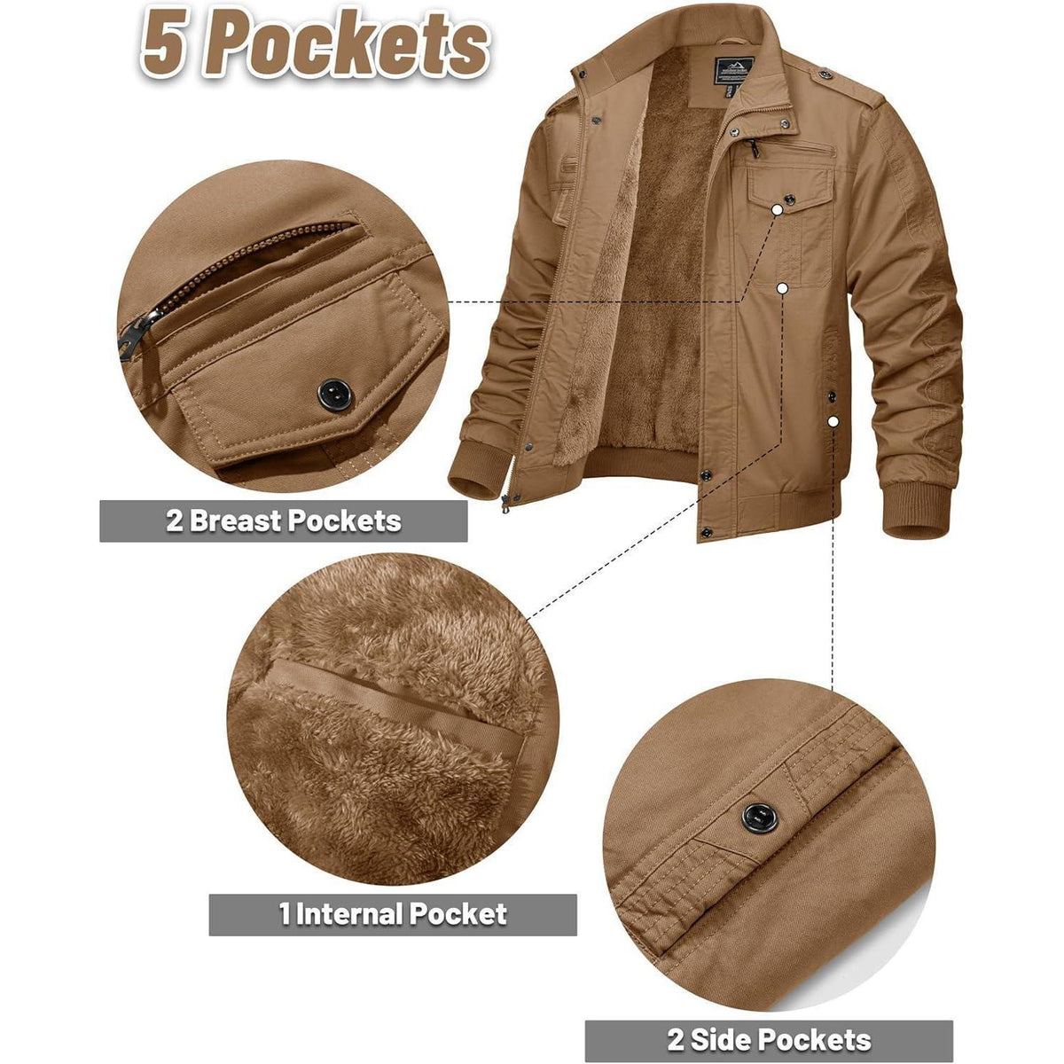 Herren Winterjacke Warm Fleece Übergangsjacke Militärstil Khaki L