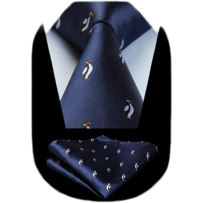Herren Krawatten Set mit Pinguin Motiv, Marineblau