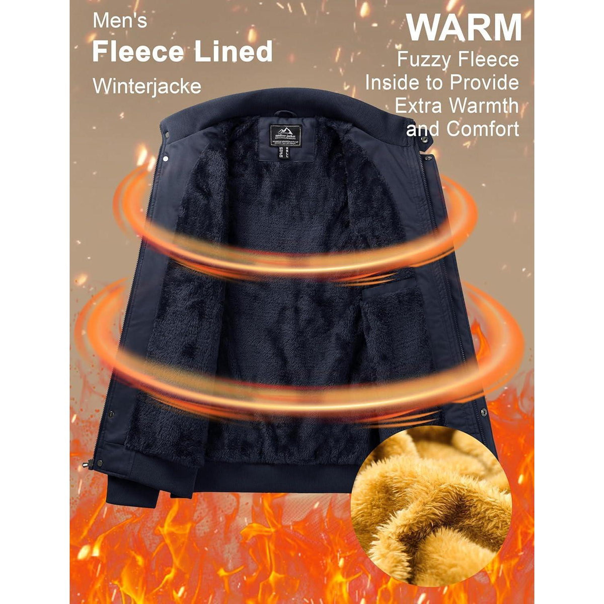 Herren Winterjacke gefüttert Fleecejacke Cargo Jacke Dunkelblau