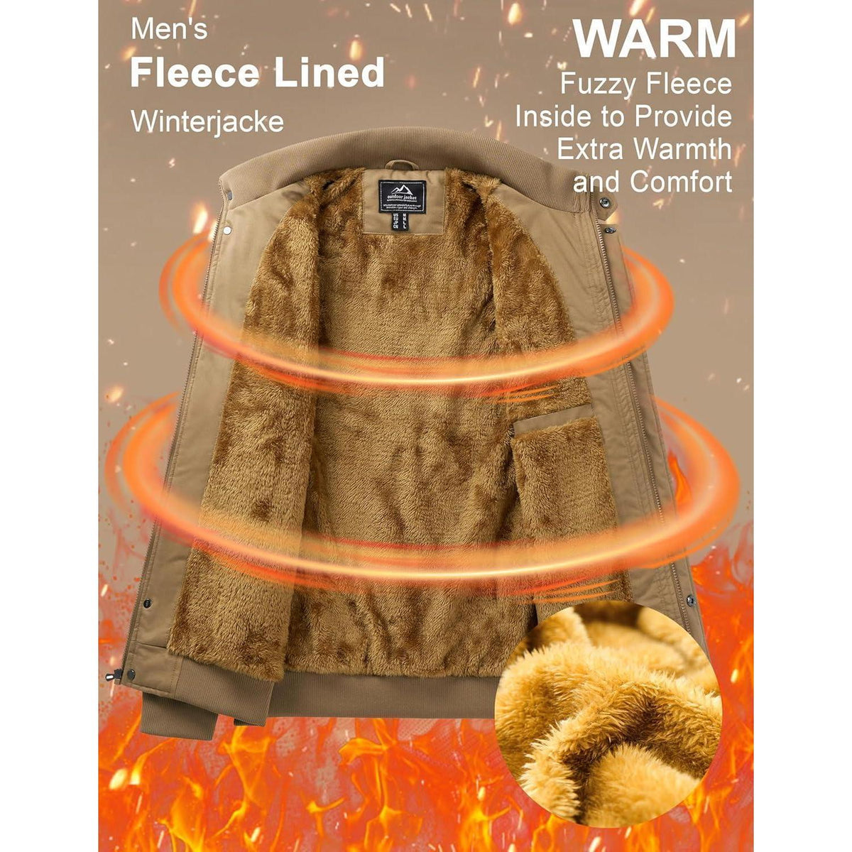 Herren Winterjacke Warm Gefüttert Khaki XXL