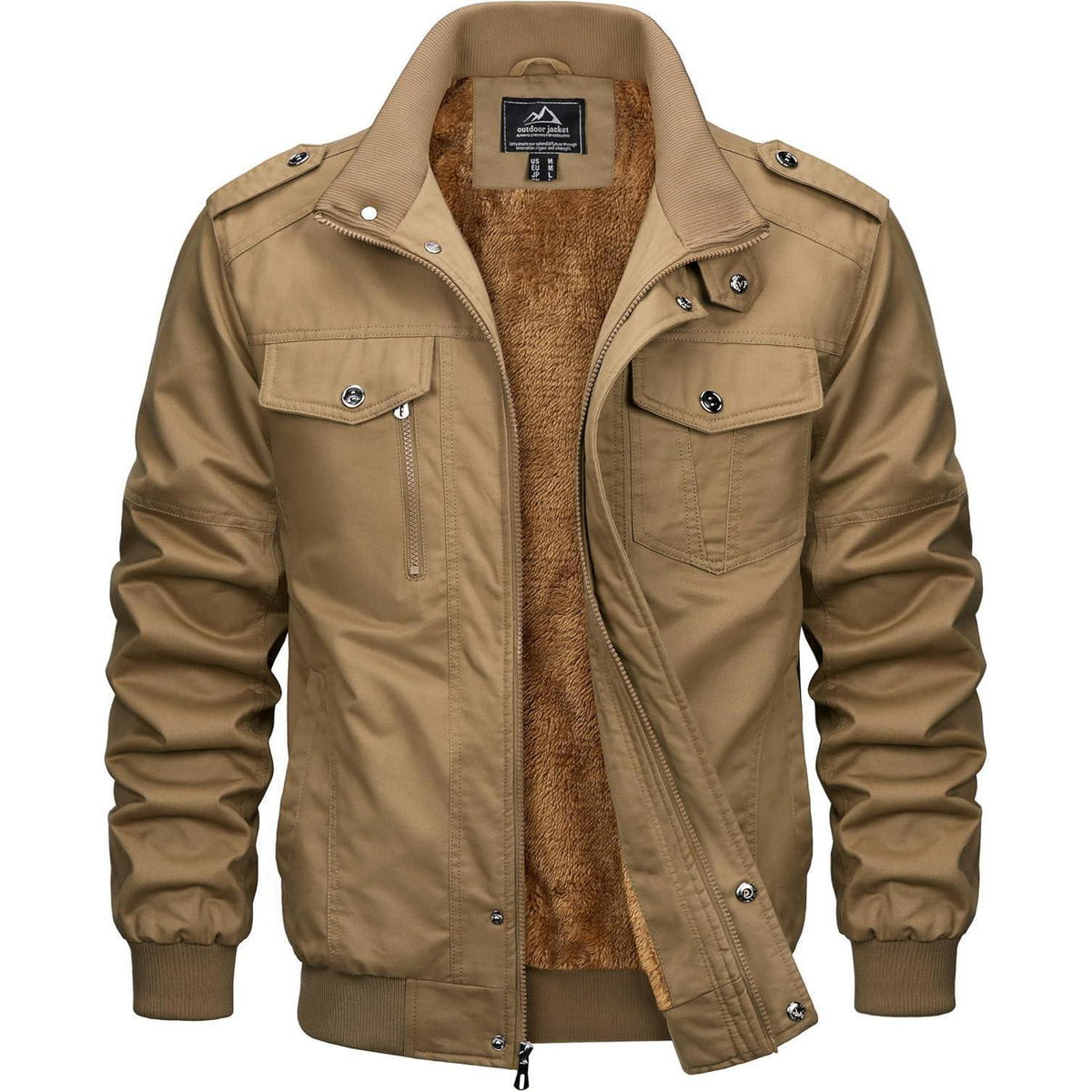 Herren Winterjacke Warm Gefüttert Fleecejacke Cargo Jacke Khaki
