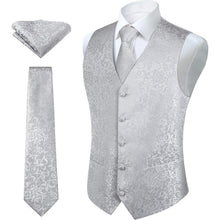 Herren Weste Krawatte Einstecktuch Set Silber-Grau Jacquard Seide