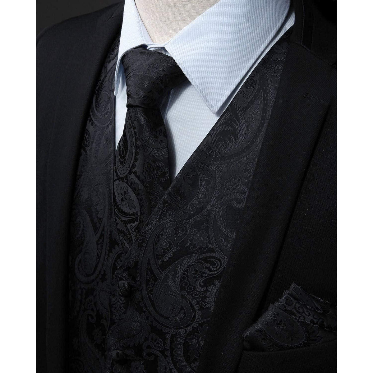 Herren Weste Krawatte Einstecktuch Set Paisley Jacquard Schwarz