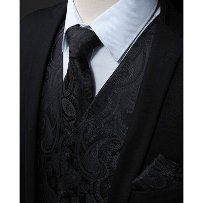 Herren Weste Krawatte Einstecktuch Set Paisley Jacquard Schwarz
