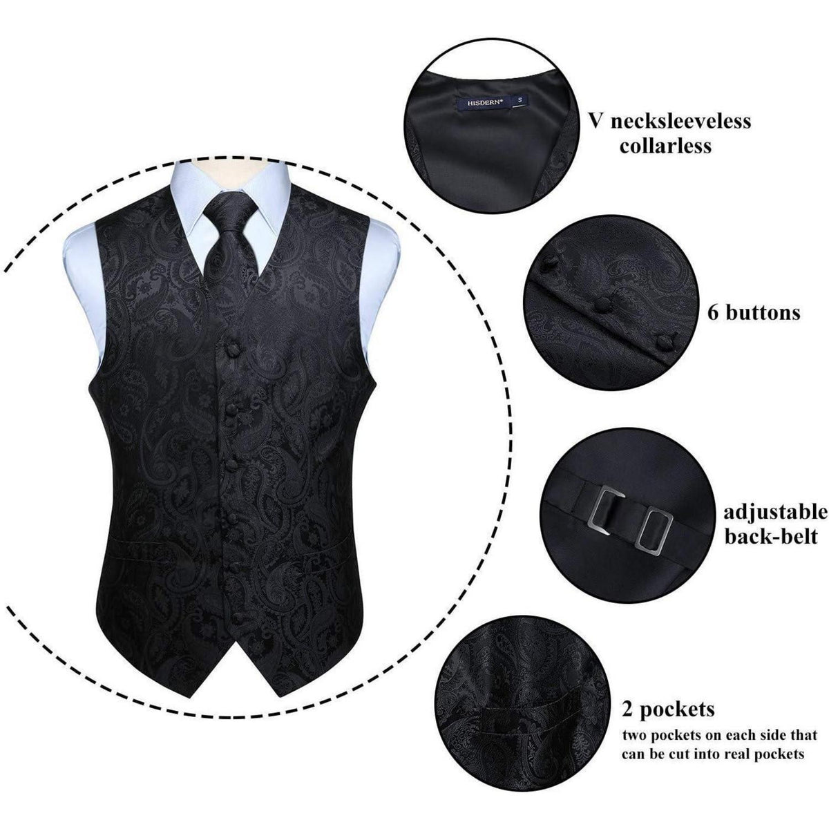 Herren Weste Krawatte Einstecktuch Set Paisley Jacquard Schwarz