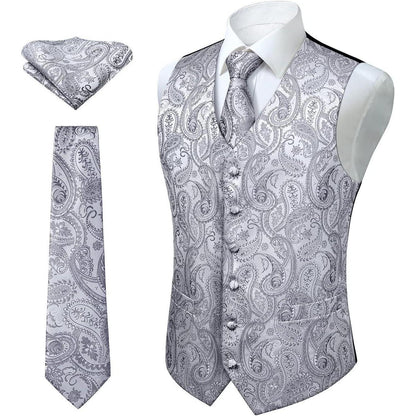 Herren Weste Krawatte Einstecktuch Set Paisley Floral Jacquard Grau
