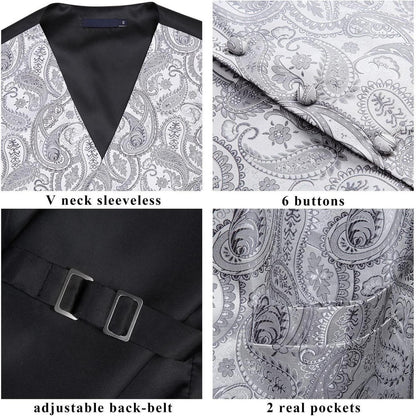 Herren Weste Krawatte Einstecktuch Set Paisley Floral Jacquard Grau