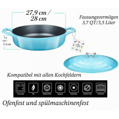 Gusseisen Sauteuse 28 cm – Emaillierte Schmorpfanne Blaugrün