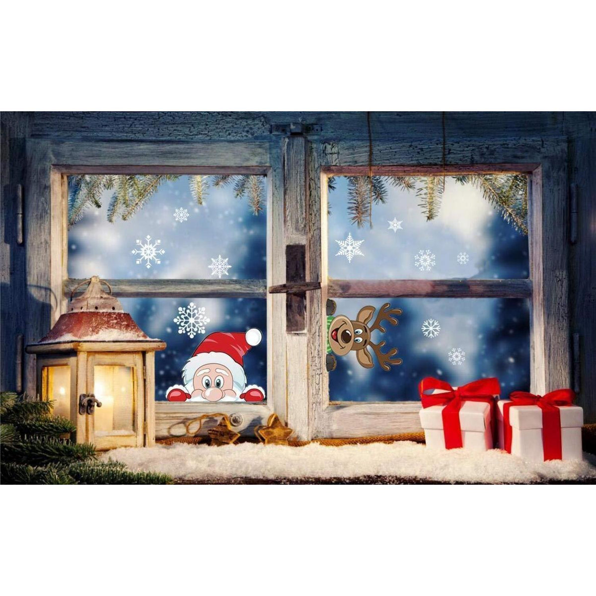 Weihnachts Fensterbilder Santa & Rudolph – 6er Set mit Schneeflocken