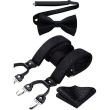 Herren Hosenträger Set mit Fliege und Einstecktuch, 3,5cm, 6 Clips, Schwarz Kariert