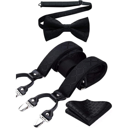 Herren Hosenträger Set mit Fliege und Einstecktuch, 3,5cm, 6 Clips, Schwarz Kariert