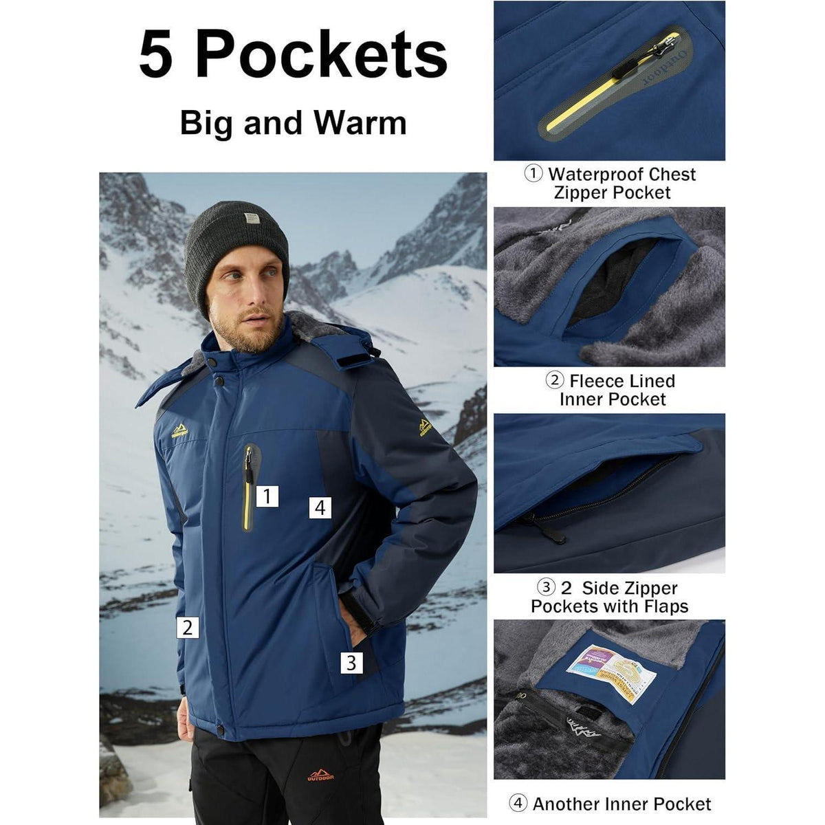 Herren Fleecejacke Winter Warm Gefüttert Skijacke Blau 3XL