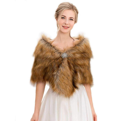 Damen Kunstpelz Schal Braun | Festlicher Pelz-Bolero mit Brosche
