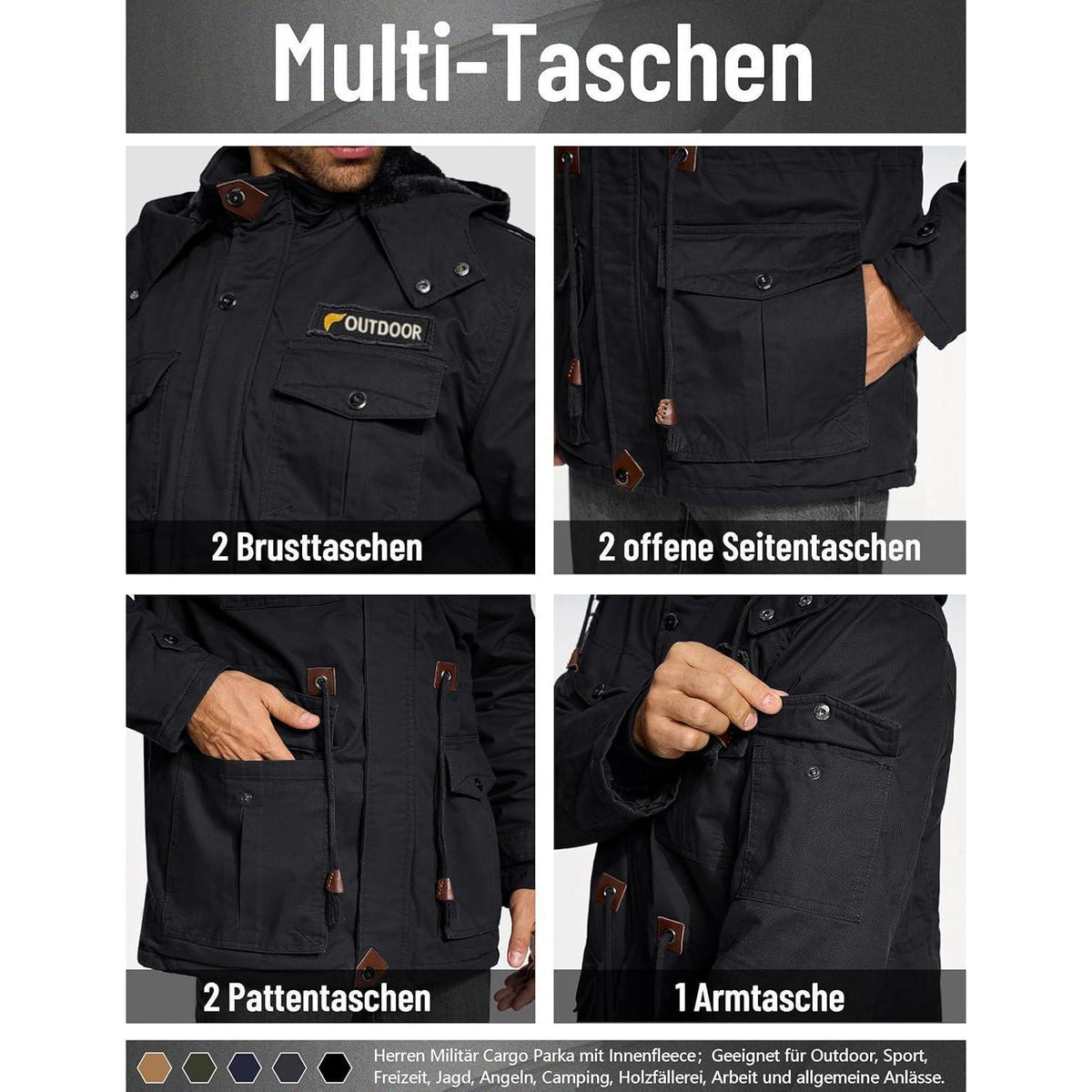 Warme Winterjacke Herren mit abnehmbarer Kapuze Schwarz