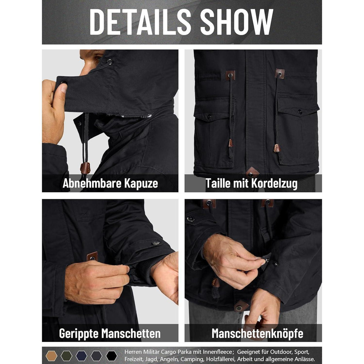 Warme Winterjacke Herren mit abnehmbarer Kapuze Schwarz