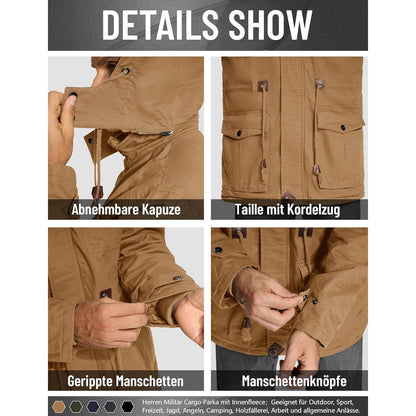Herren Winterjacke gefüttert Fleece Parka mit Kapuze Khaki XL