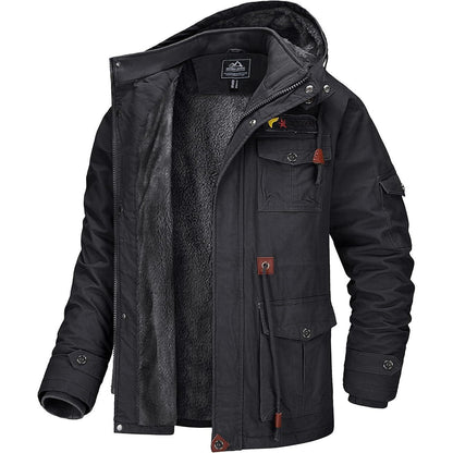 Herren Winterjacke gefüttert Fleece Parka mit Kapuze Grau L