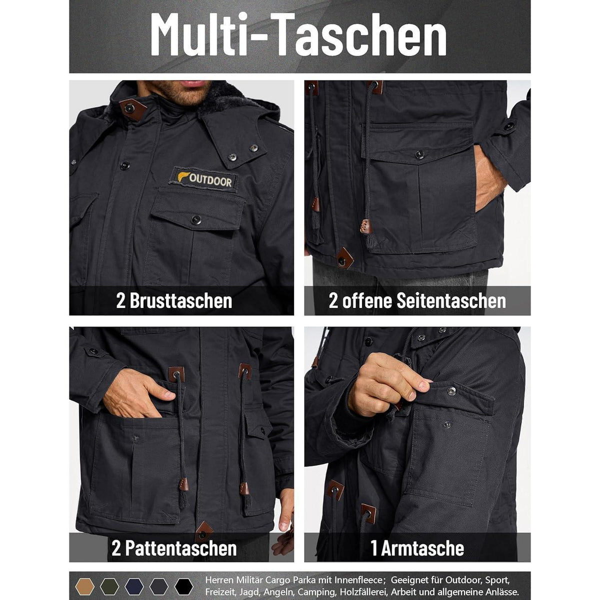 Herren Winterjacke gefüttert Fleece Parka mit Kapuze Grau L