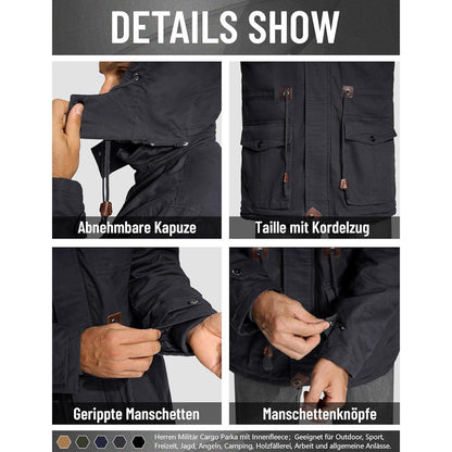 Herren Winterjacke gefüttert Fleece Parka mit Kapuze Grau L