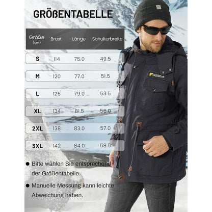 Herren Winterjacke gefüttert Fleece Parka mit Kapuze Grau L