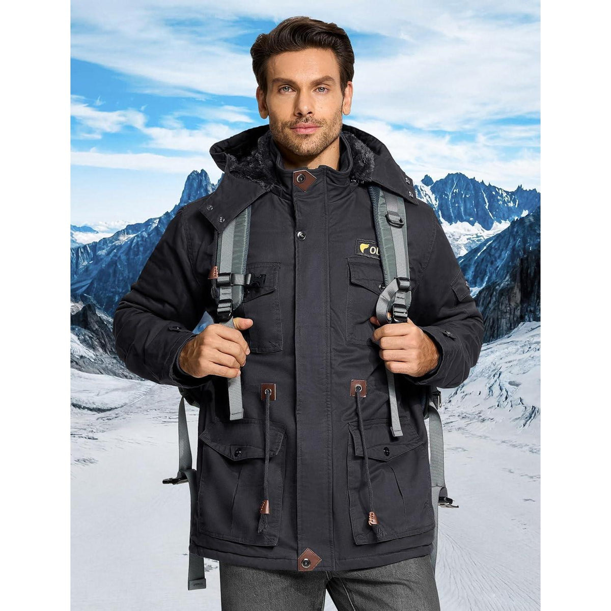 Herren Winterjacke gefüttert Fleece Parka mit Kapuze Grau XL
