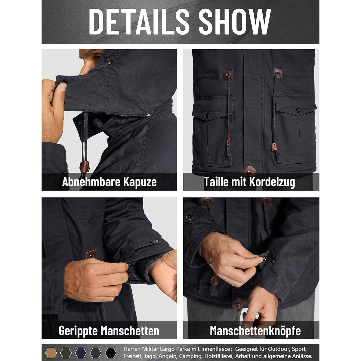 Herren Winterjacke gefüttert Fleece Parka mit Kapuze Grau XL