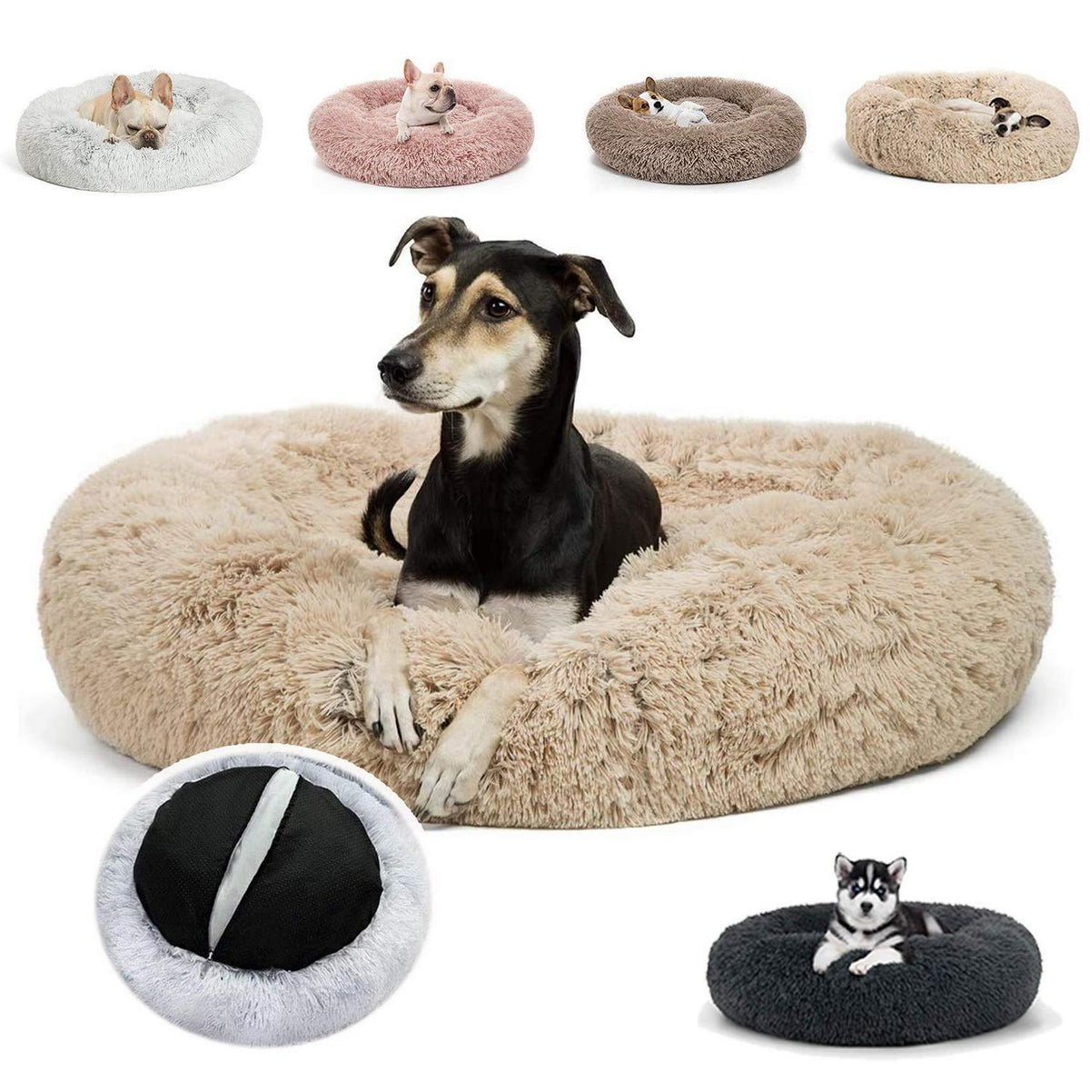 Plüsch Hundebett Groß – Waschbar, Rutschfest, Beige 120x120cm
