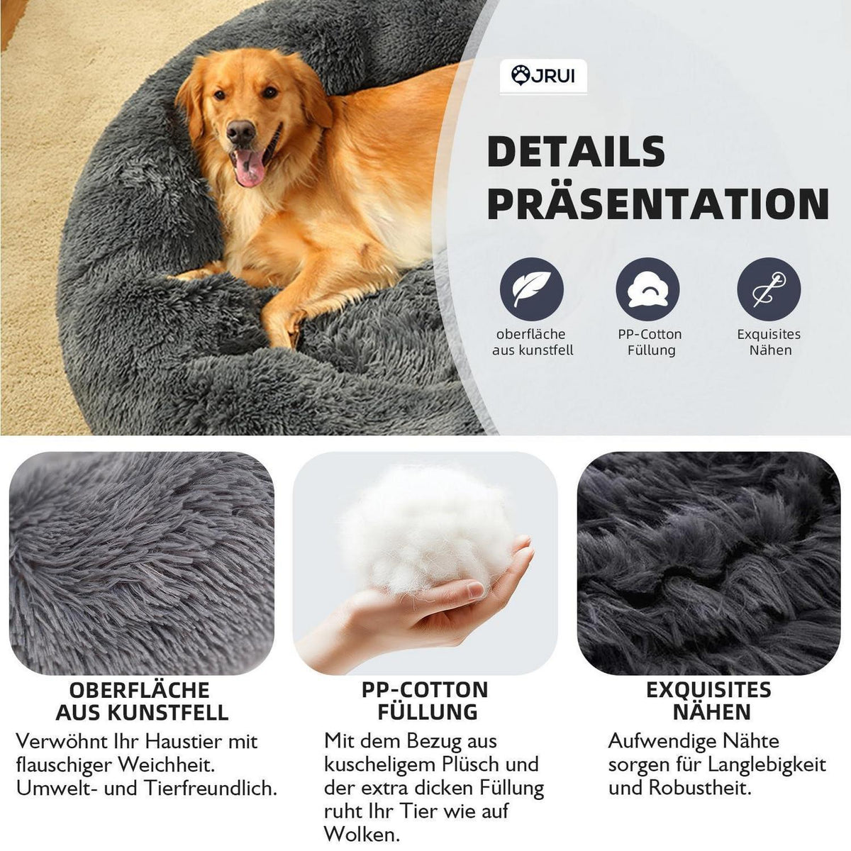 Flauschiges Hundebett Rund für Große Hunde – Grau 120x120x20cm