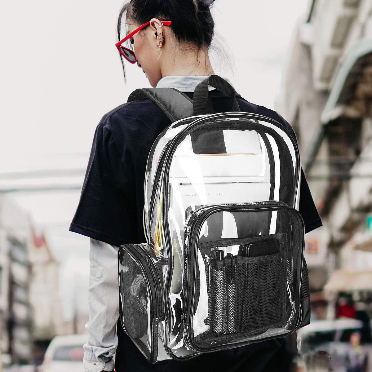 Transparenter PVC Rucksack Schulrucksack Wasserdicht 13.9 Zoll - Schwarz