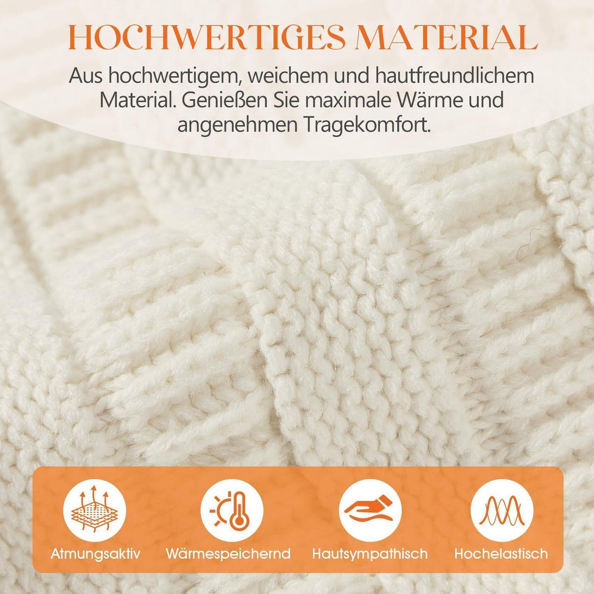 Grobstrick Mütze Damen Winter Beanie mit Futter Elfenbein