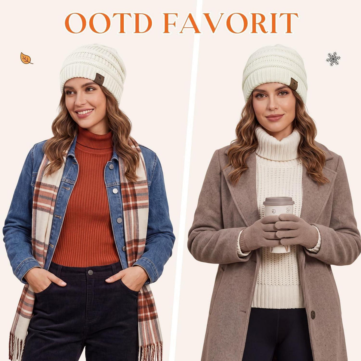 Grobstrick Mütze Damen Winter Beanie mit Futter Elfenbein