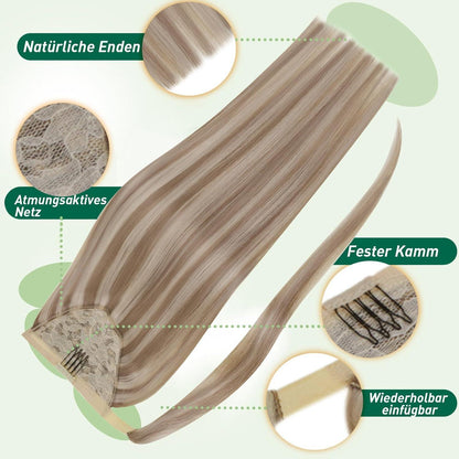 Aschblond Pferdeschwanz Echthaar Extension 50cm mit Platinum Highlights