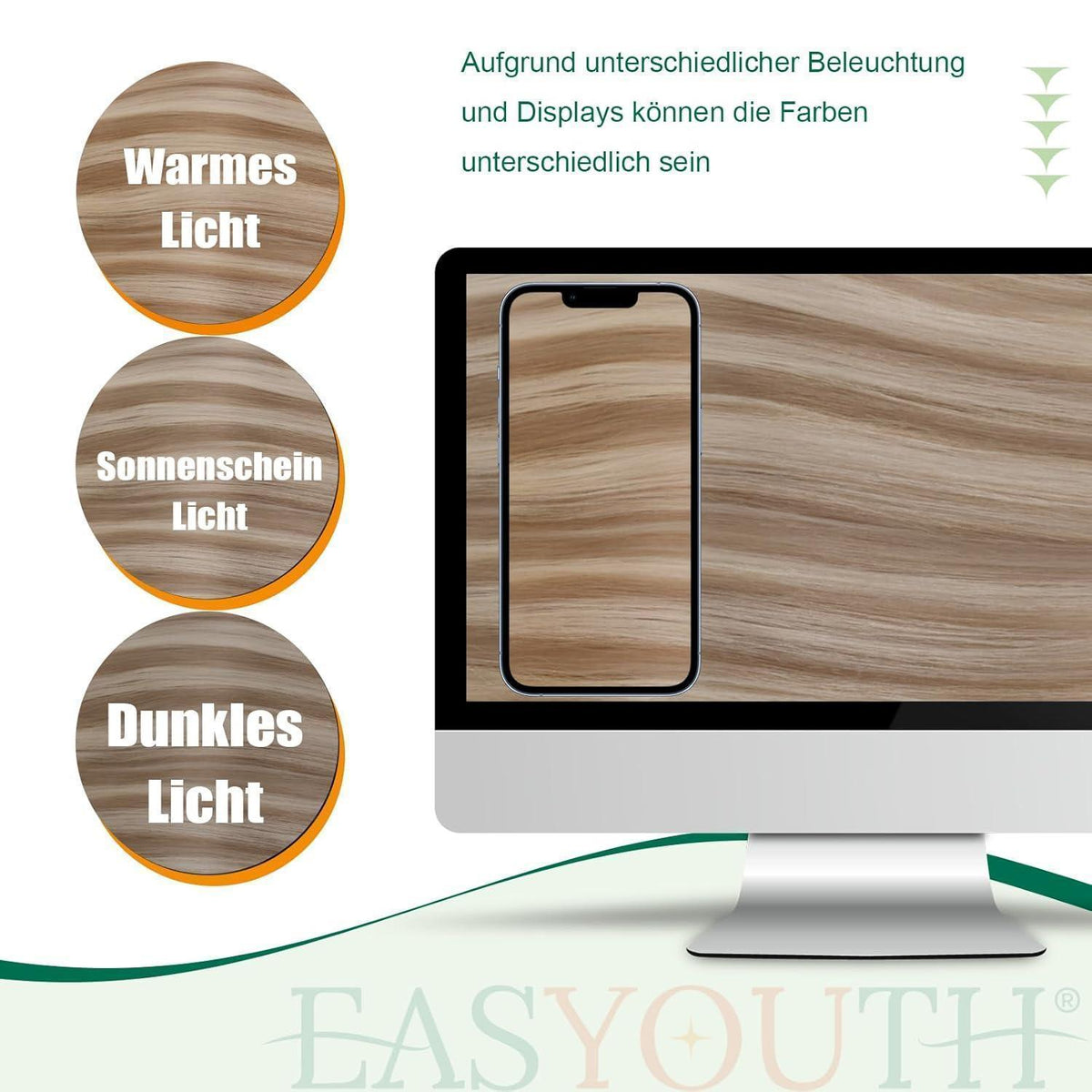 Aschblond Pferdeschwanz Echthaar Extension 50cm mit Platinum Highlights