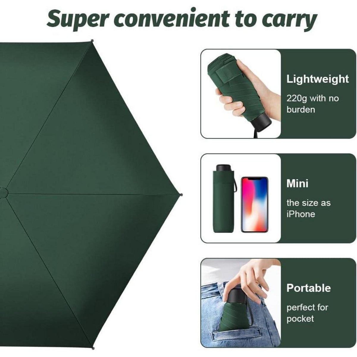 Taschenschirm Dunkelgrün UV-Schutz Kompakt & Leicht