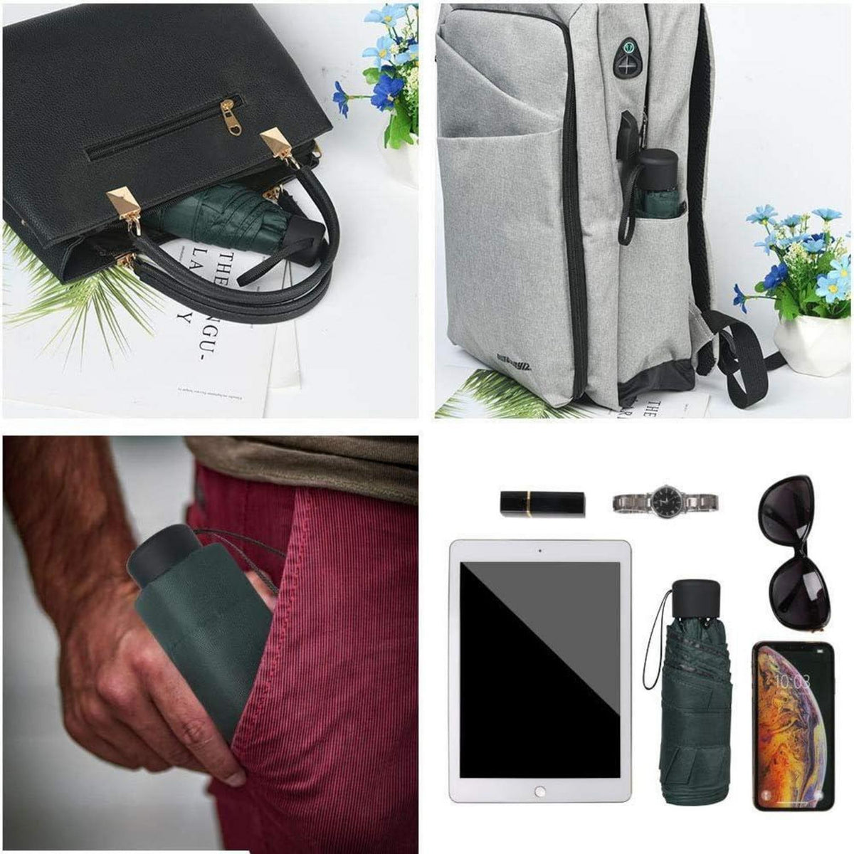 Taschenschirm Dunkelgrün UV-Schutz Kompakt & Leicht