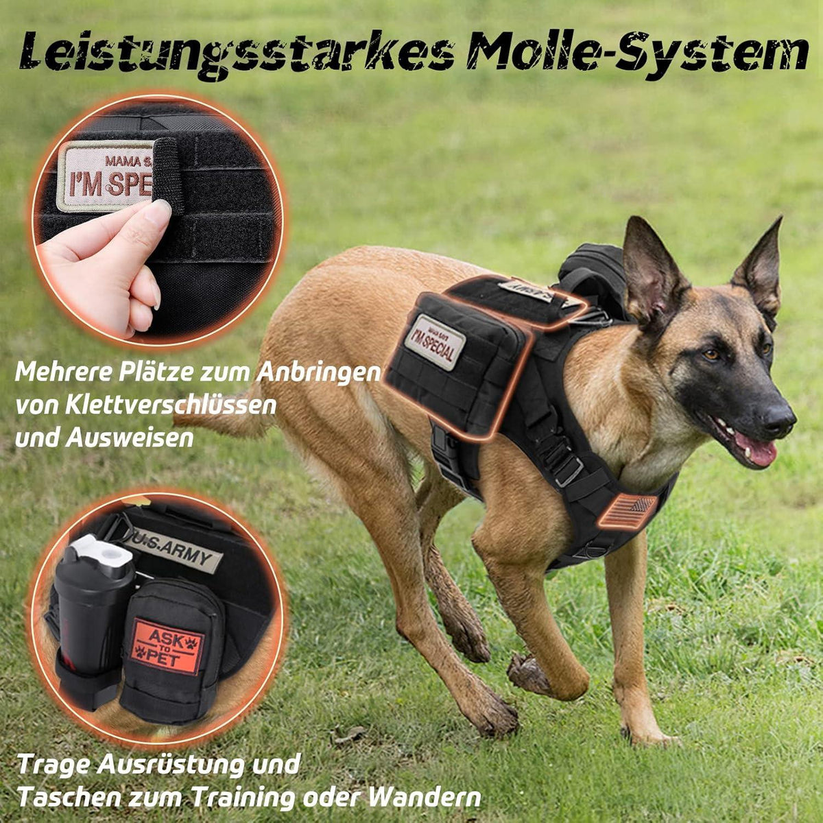 Hundegeschirr Grosse Hunde No Pull MOLLE Atmungsaktiv Schwarz L
