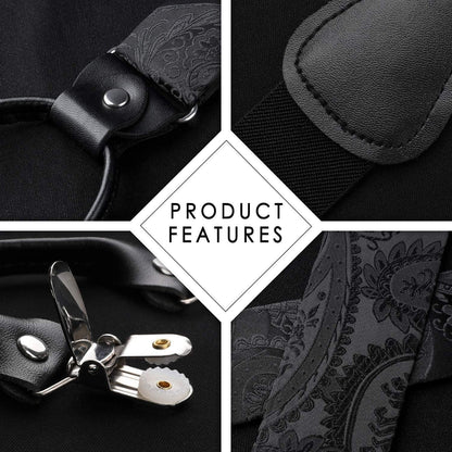 Herren Hosenträger Set mit Fliege & Einstecktuch – Y-Form, 6 Clips, Paisley Schwarz