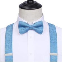 Herren Hosenträger Set mit Fliege und Einstecktuch, Himmelblau Paisley