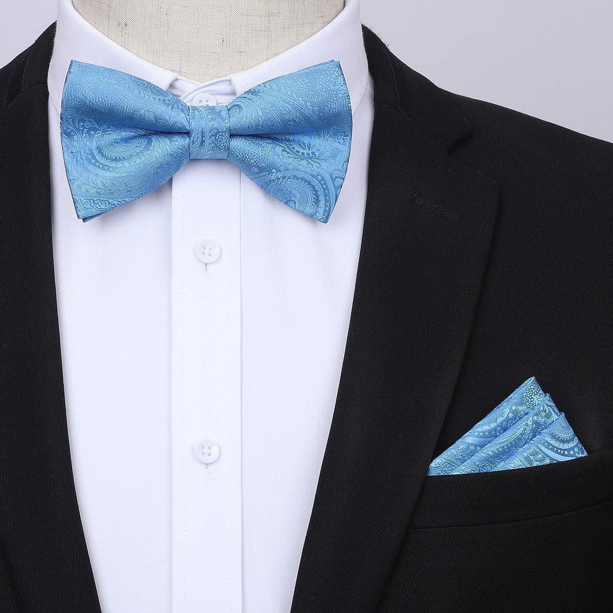Herren Hosenträger Set mit Fliege und Einstecktuch, Himmelblau Paisley