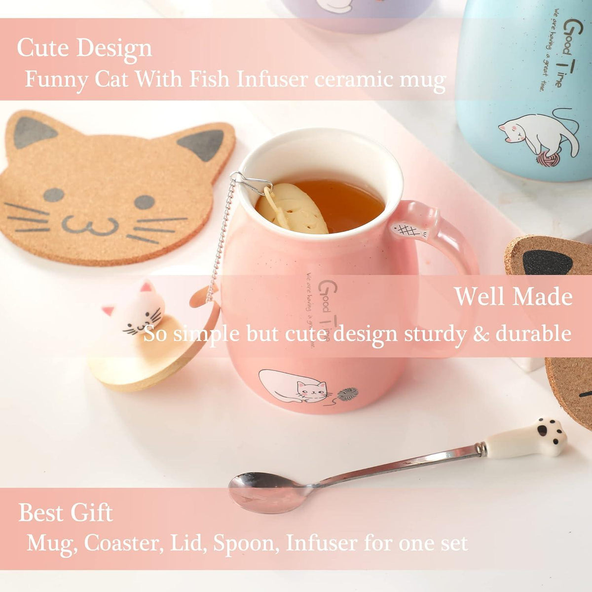 Katzen-Tasse Süße Keramik Kaffeetasse mit Deckel und Löffel 380ML