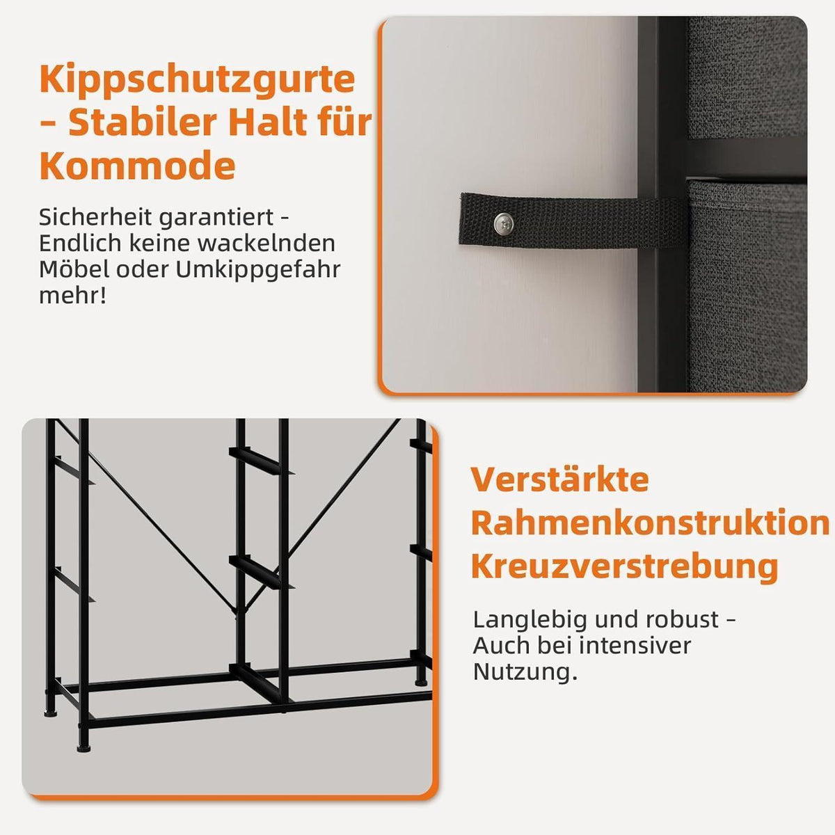 Kommode mit 8 Stoffschubladen – Grau, 30x80x93 cm