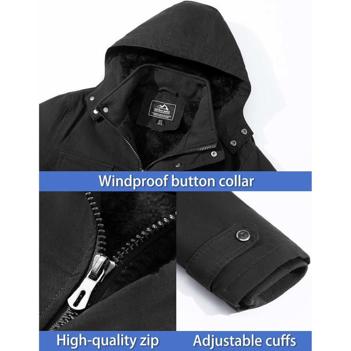 Herren Winterjacke Warm Gefüttert Militärstil Lässig Schwarz XXL