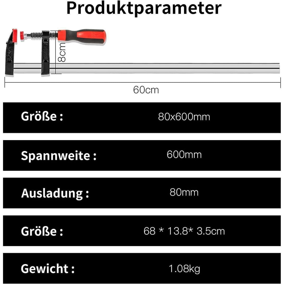 4er Set Schraubzwingen Holzbearbeitung 80 x 600mm F-Klemmen