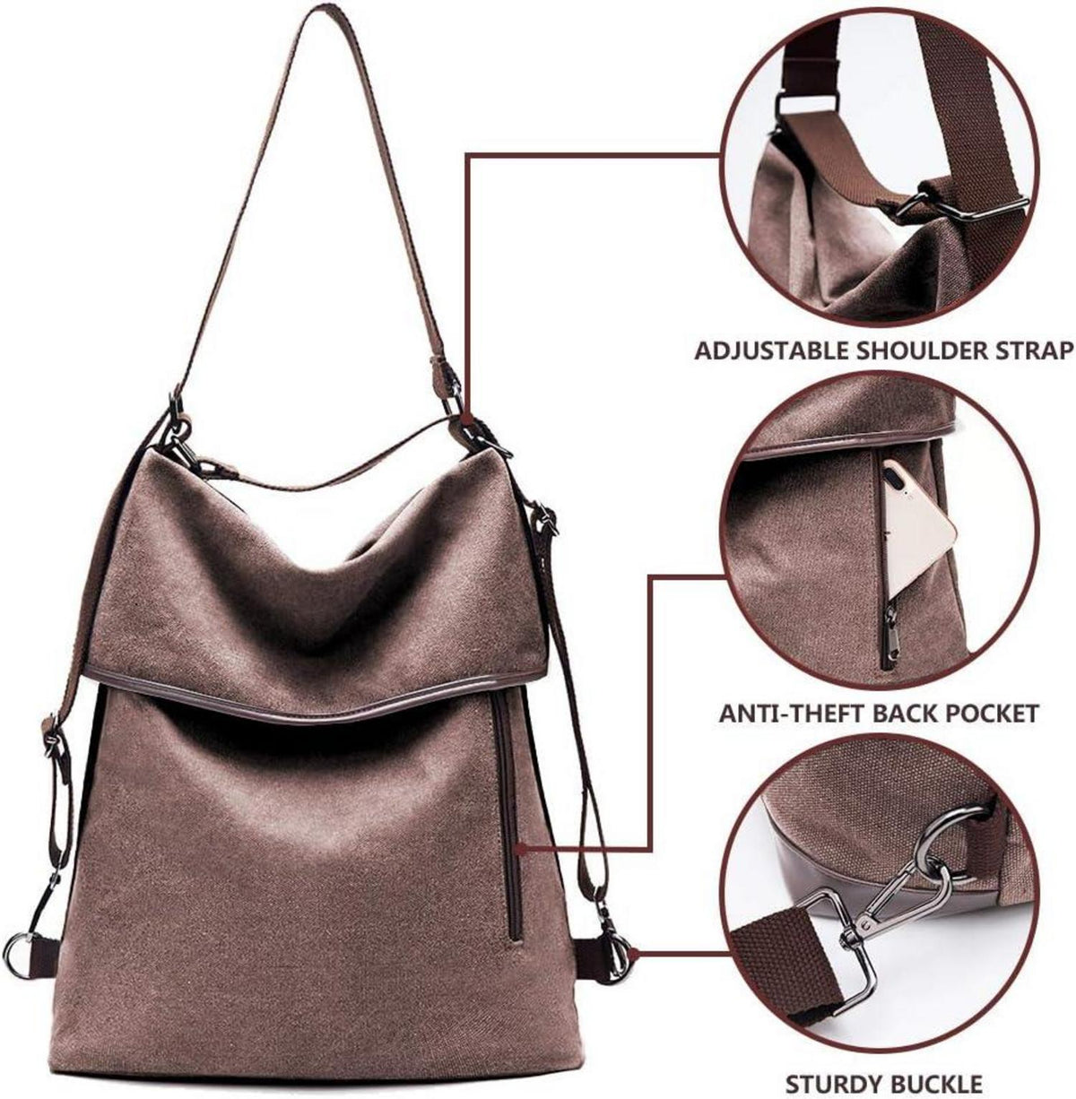 KALIDI Damen Vintage Canvas Rucksack Handtasche Anti-Diebstahl