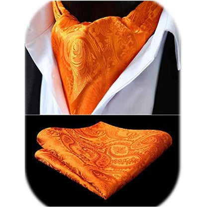 Herren Ascot Krawattenschal Set Paisley Orange mit Einstecktuch