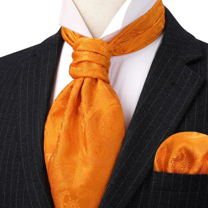 Herren Ascot Krawattenschal Set Paisley Orange mit Einstecktuch